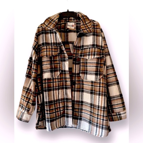 Miss Selfie Flannel PLAID Button Down Oversized Shirt Shacket Long Sleeve XL - Picture 2 of 11